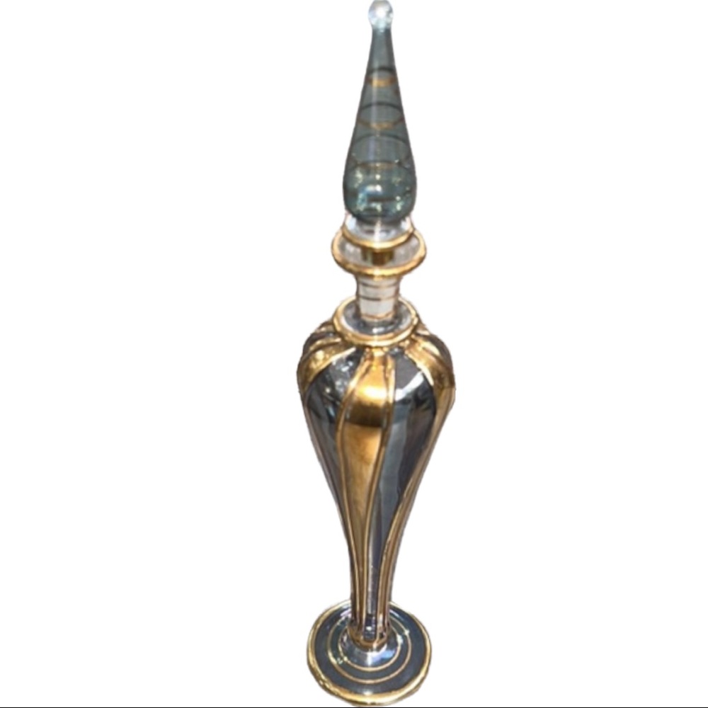Vintage Egyptian Hand Blown Pink Glass Perfume Bottle & Dabber Gold Tone Detail